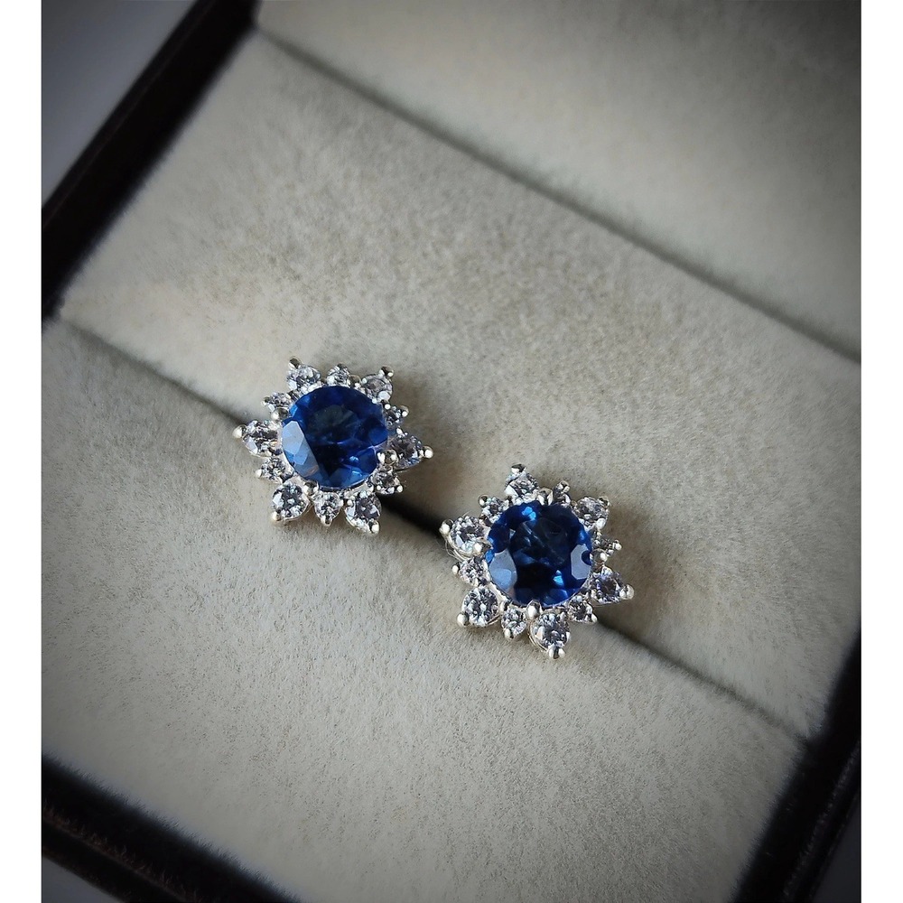 Sapphire 2Ct Round CutLab-Created Blue Snowflake Flower Earring White Gold Plate